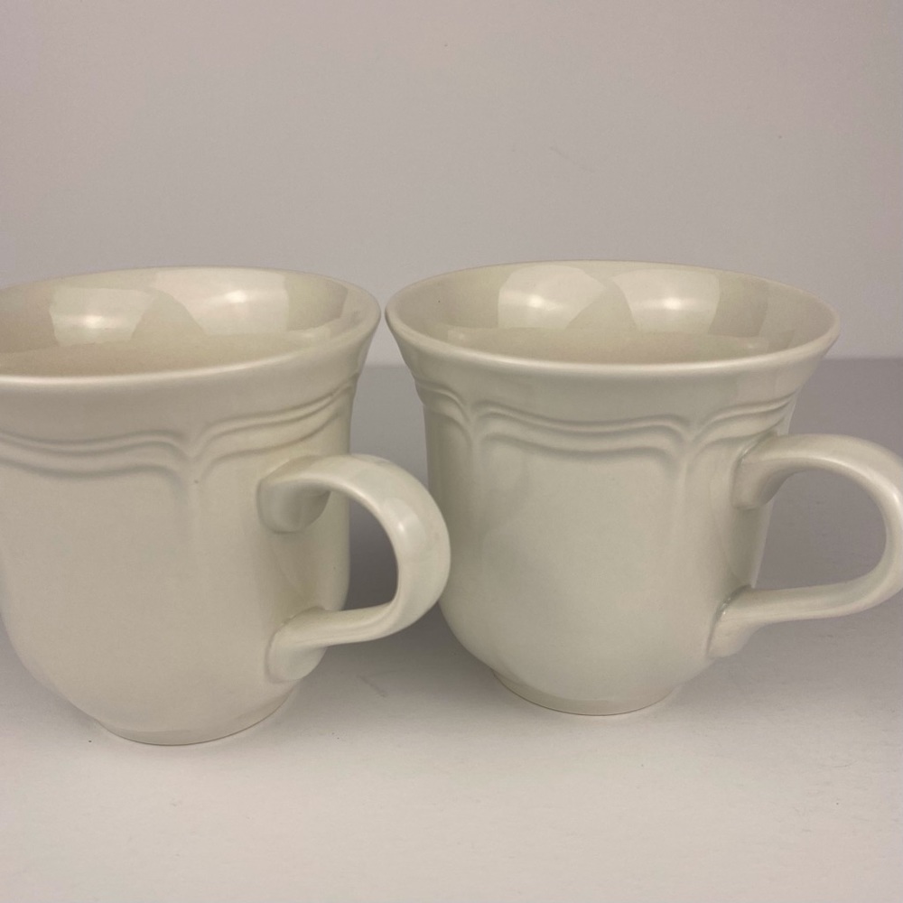 Mikasa French Countryside flat cups, set of two, vintage white china tea mugs